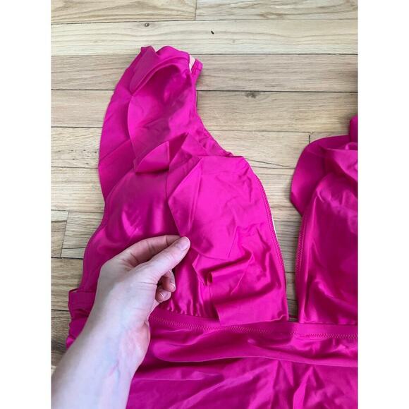 NWT J. Crew Pink Fushia One Piece Swim Suit Ruched Ruffle V Neck Women's 22 - Picture 6 of 10